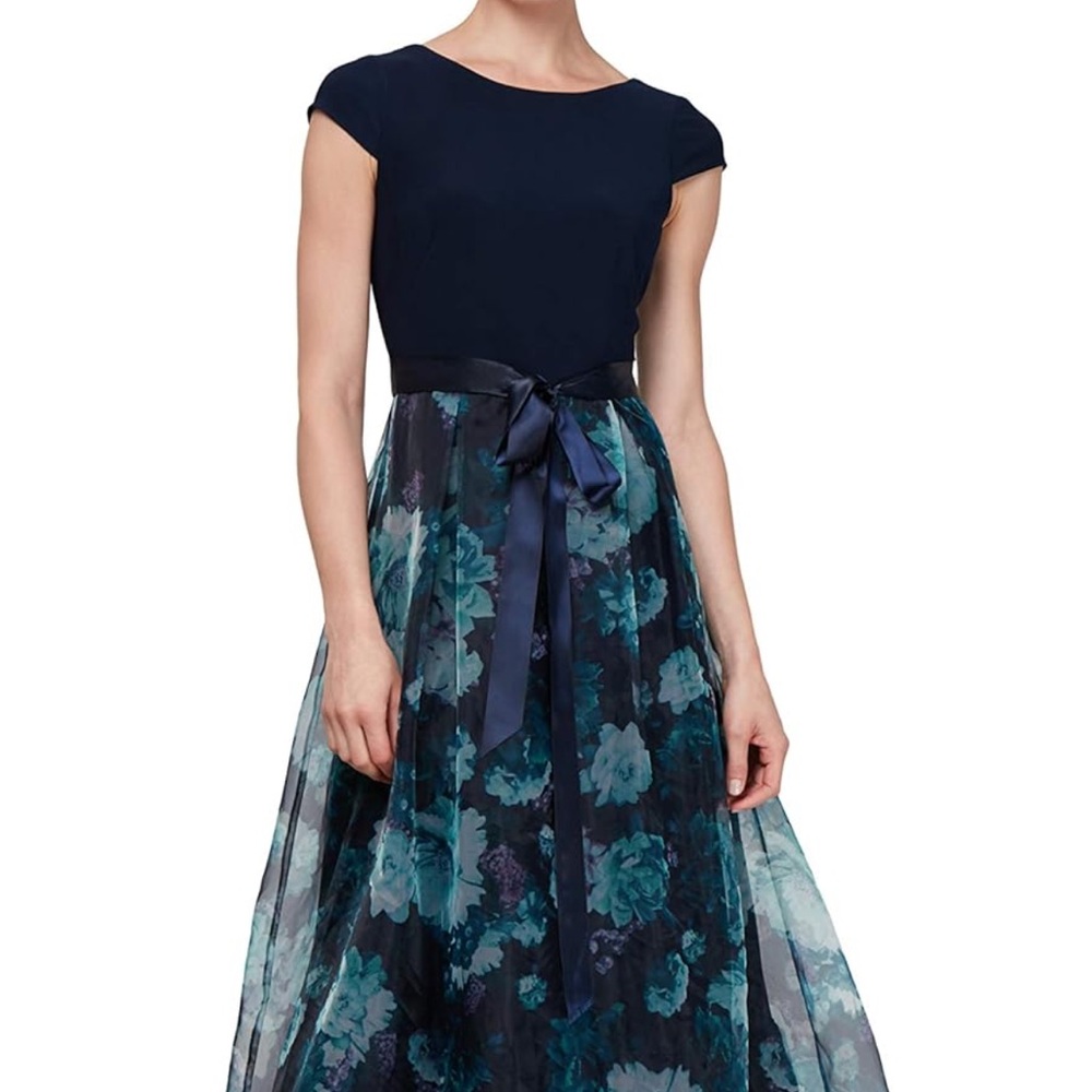 SLNY Navy and Teal Floral Midi Dress